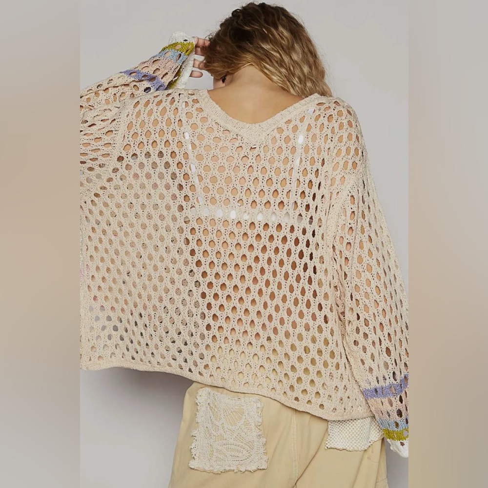POL Open-Knit V-Neck Sweater in Beige with Pink and Blue Accents - Picture 11 of 11